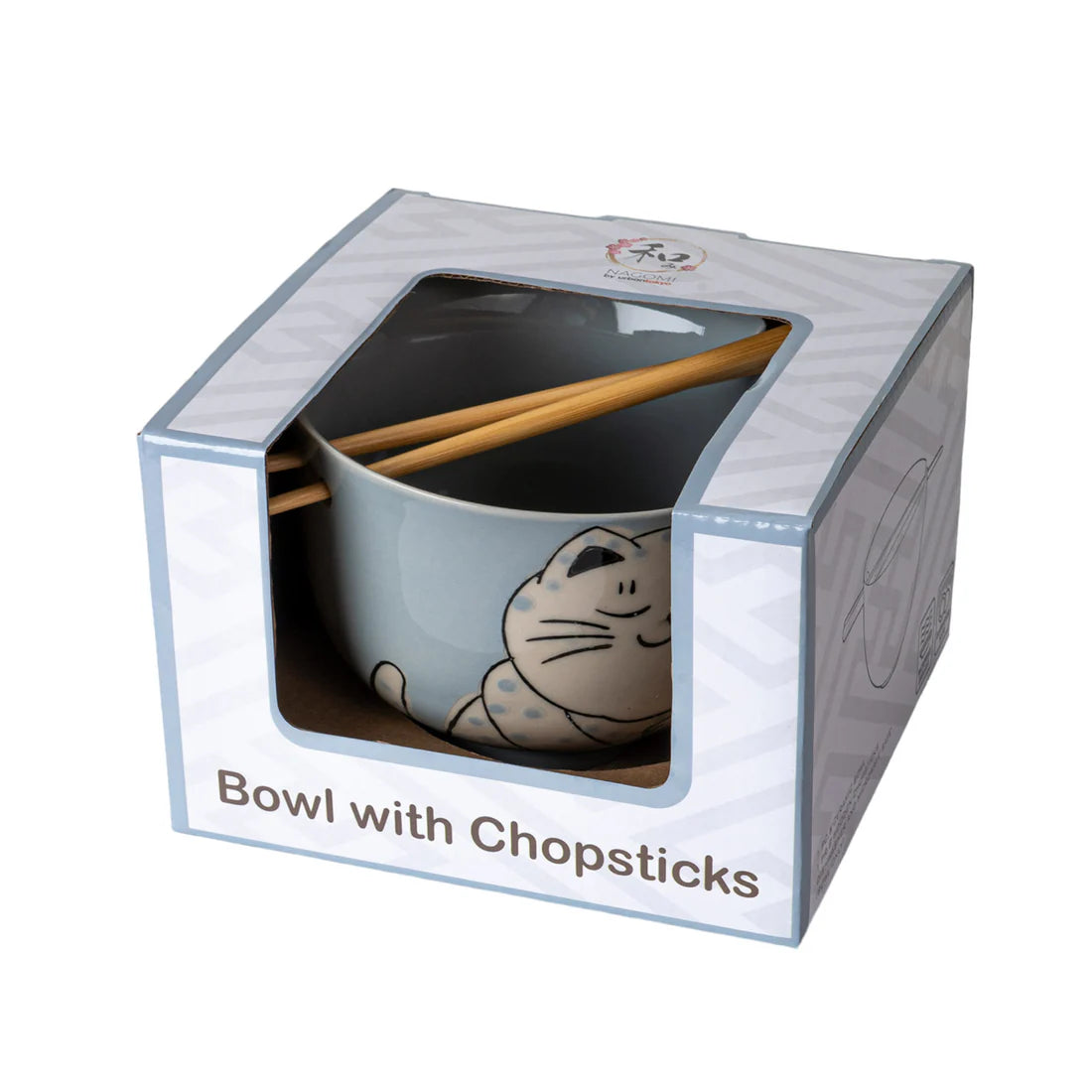 18oz Donburi Bowl With Chopsticks Set Chubby Cat Design Gray