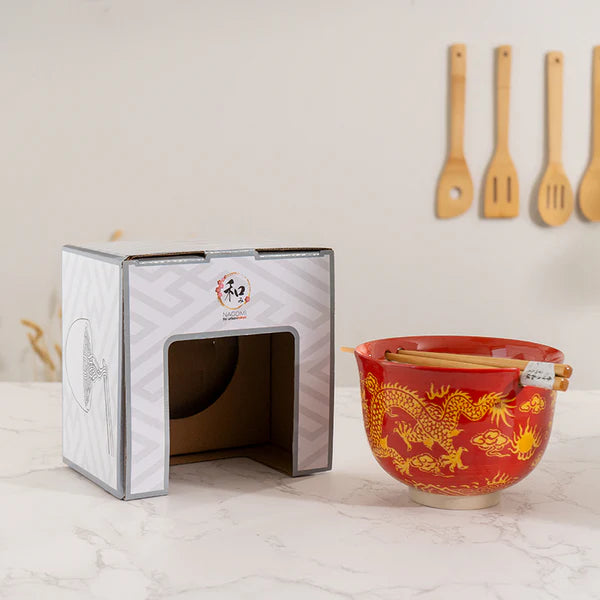 18oz Donburi Bowl With Chopsticks Set Oriental Ryu Design Red