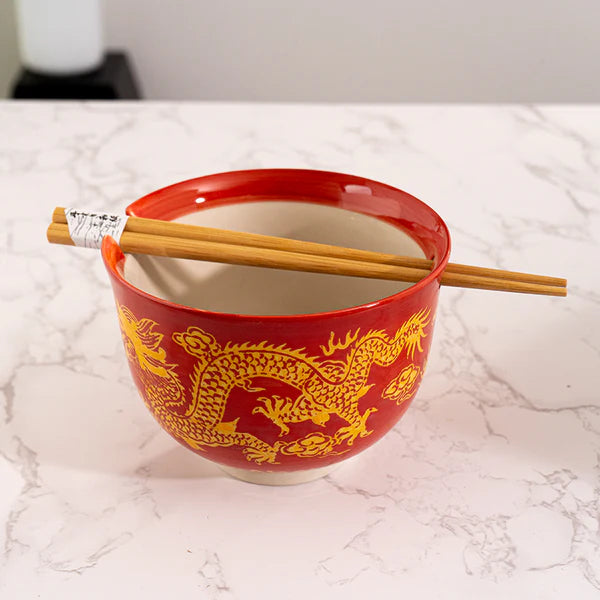 18oz Donburi Bowl With Chopsticks Set Oriental Ryu Design Red