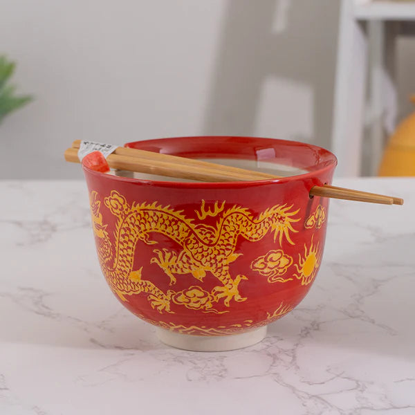 18oz Donburi Bowl With Chopsticks Set Oriental Ryu Design Red