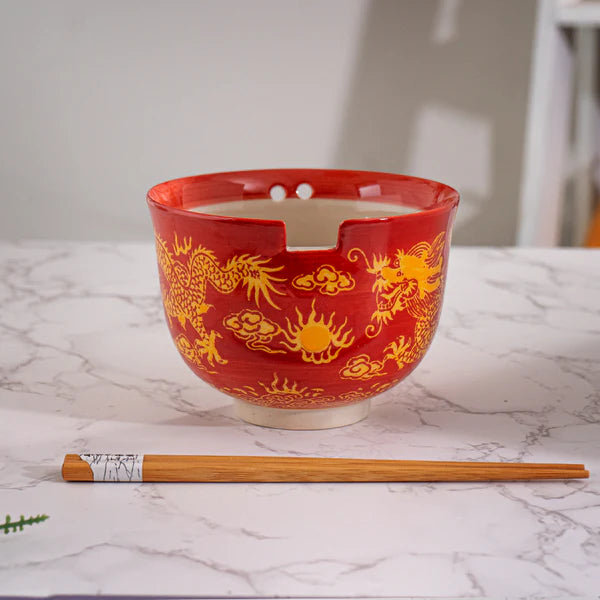18oz Donburi Bowl With Chopsticks Set Oriental Ryu Design Red