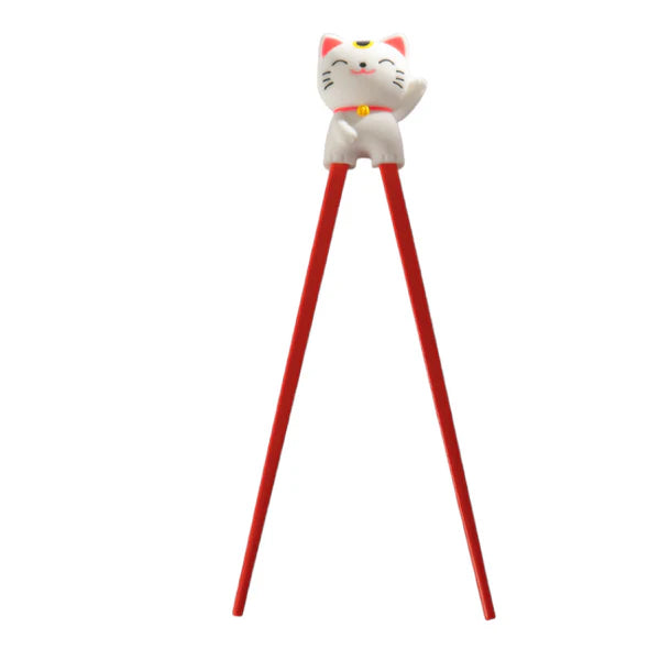 Lucky Cat Training Chopsticks White and Red Silicone