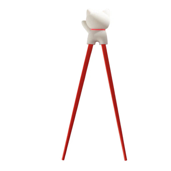 Lucky Cat Training Chopsticks White and Red Silicone