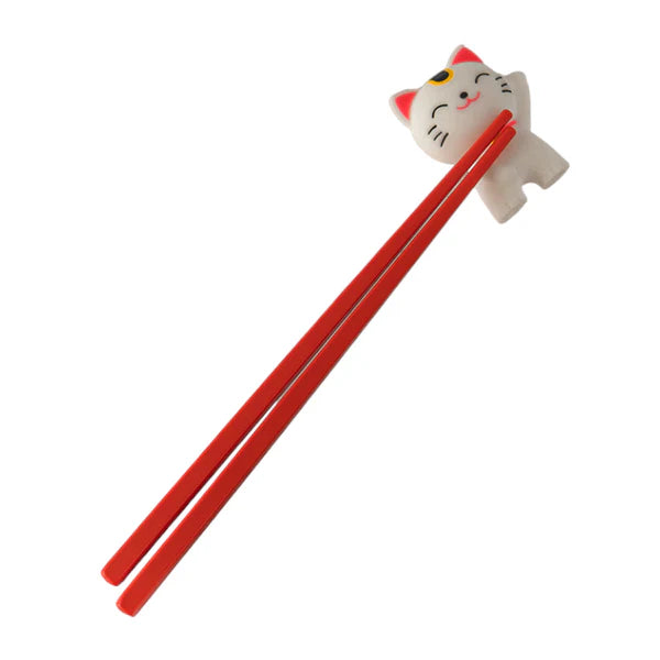 Lucky Cat Training Chopsticks White and Red Silicone