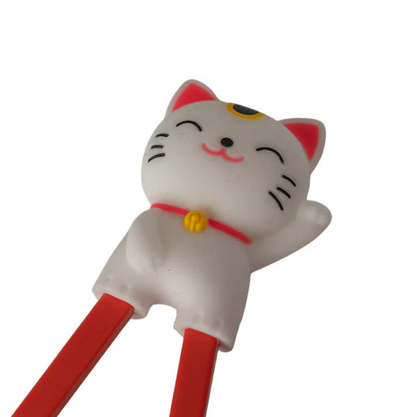 Lucky Cat Training Chopsticks White and Red Silicone