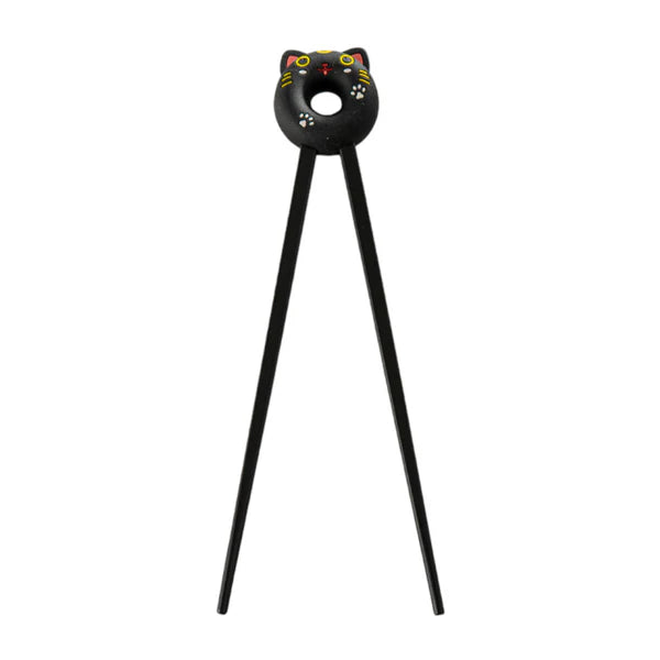 Round Lucky Cat Training Chopsticks Black Silicone Topper