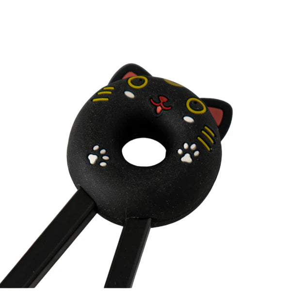 Round Lucky Cat Training Chopsticks Black Silicone Topper