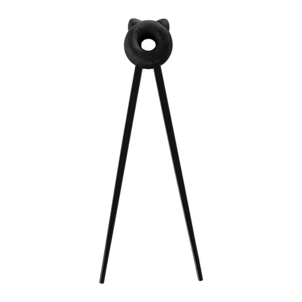 Round Lucky Cat Training Chopsticks Black Silicone Topper