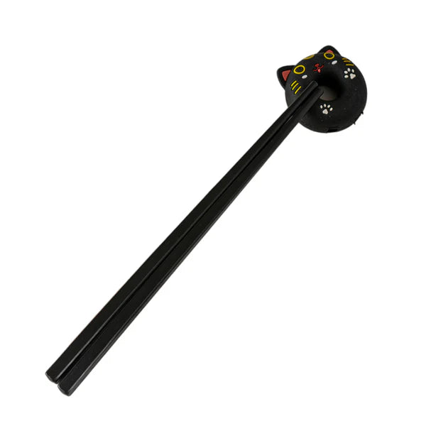 Round Lucky Cat Training Chopsticks Black Silicone Topper