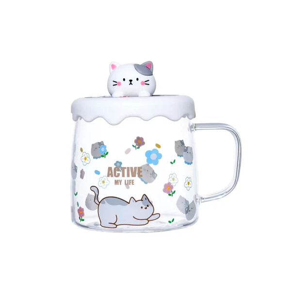 15oz Active Cat Glass Mug With Lid and Spoon
