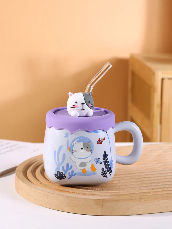 13oz Cat Diving Mug With Lid and Straw
