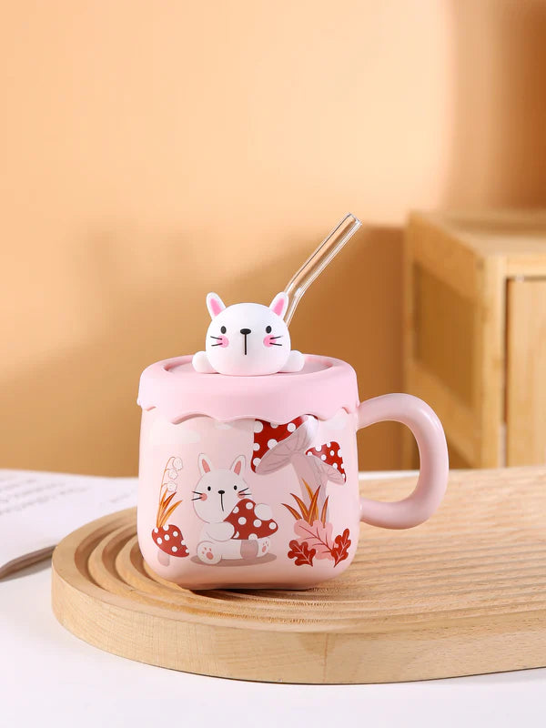 13oz Rabbit Mushrooms Mug With Lid and Straw
