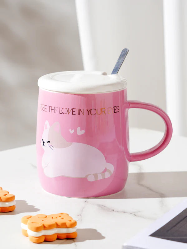 14oz Cat Love Mug With Lid and Spoon
