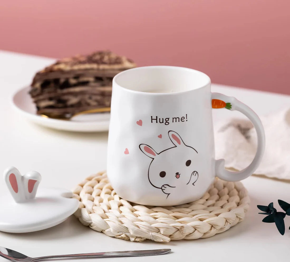 14oz Bunny Hug White Mug With Lid and Spoon
