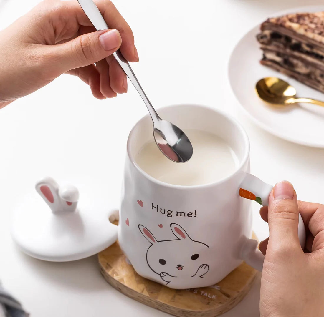 14oz Bunny Hug White Mug With Lid and Spoon