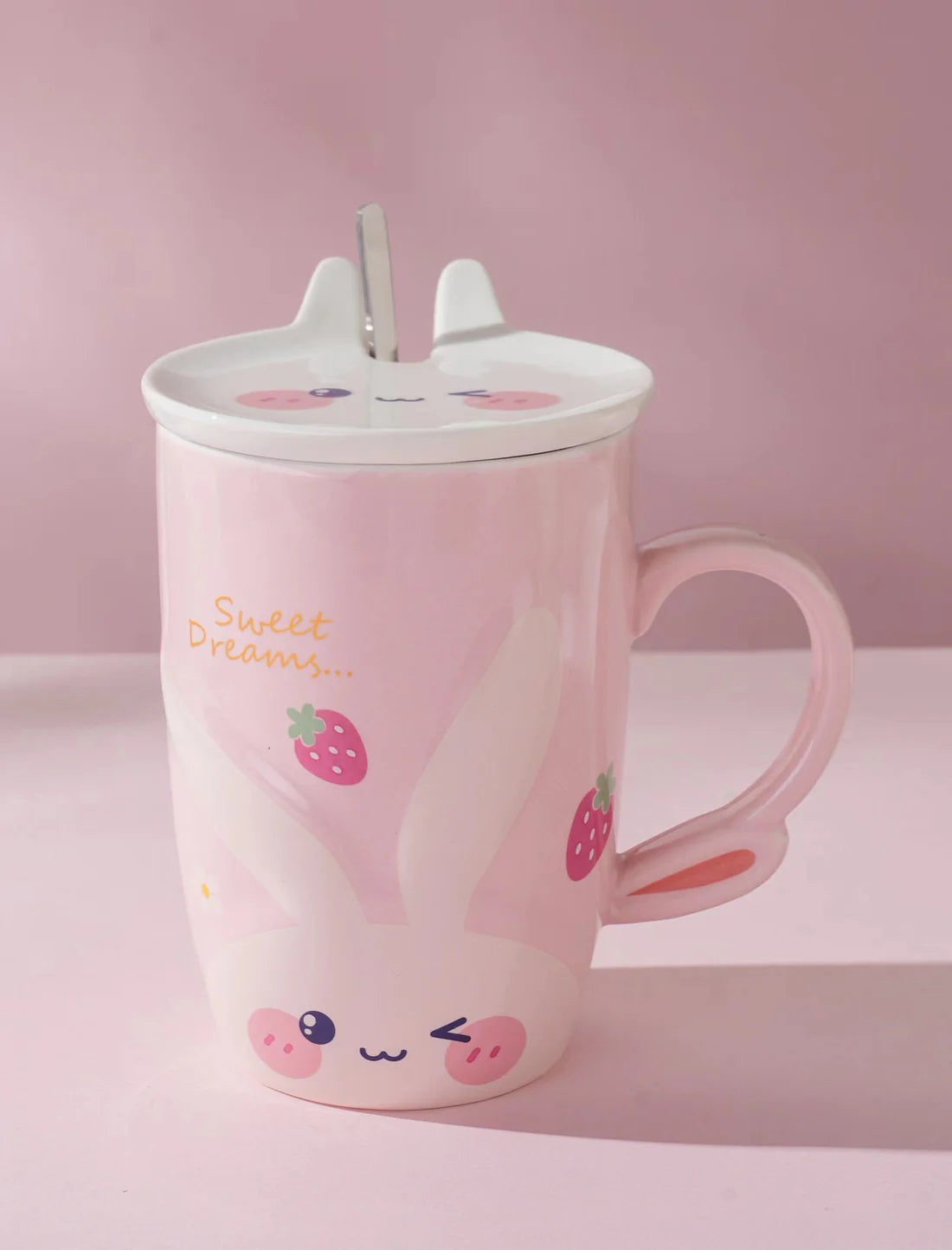 14oz Bunny Happy Rabbit White Mug With Lid and Spoon