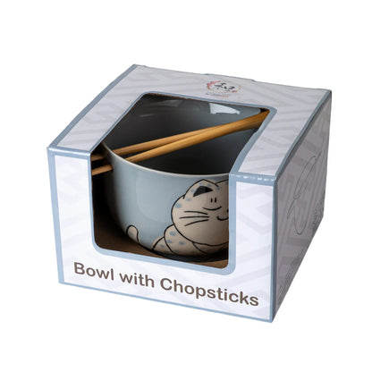 18oz Donburi Bowl With Chopsticks Set Chubby Cat Design Gray