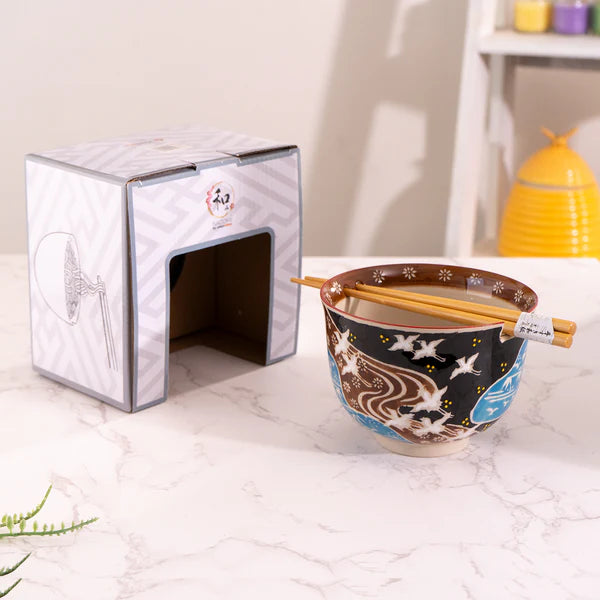 18oz Donburi Bowl With Chopsticks Set Japanese Crane Design