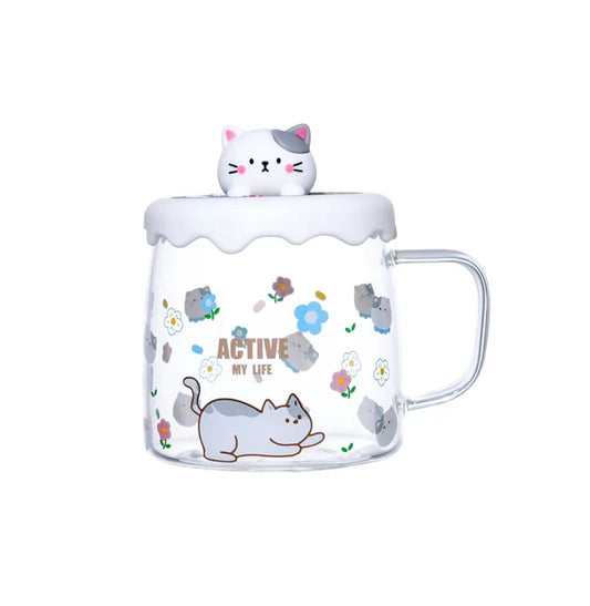 15oz Active Cat Glass Mug With Lid and Spoon