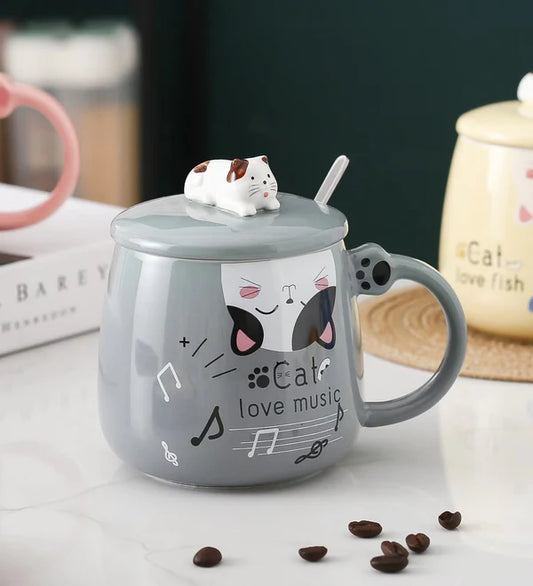 15oz Cat Love Music Mug With Lid and Spoon Gray