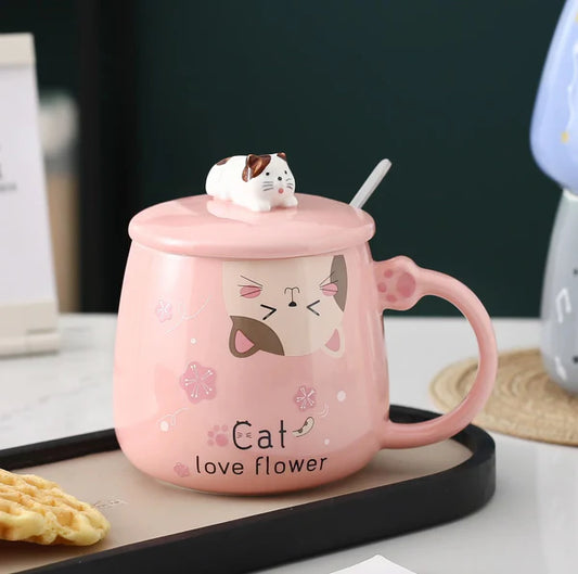 15oz Cat Love Flower Mug With Lid and Spoon