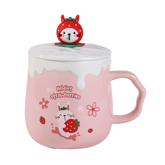 14oz Strawberry Bunny Rabbit Pink Mug With Lid and Spoon